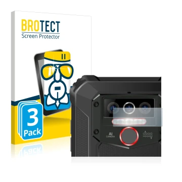 Front side of a product packaging with the brand logo BROTECT. Next to it is the device Oukitel WP5 Pro (ONLY Camera Lens) sho