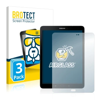 Front side of a product packaging with the brand logo BROTECT. Next to it is the device Samsung Galaxy Tab S3 shown with the c