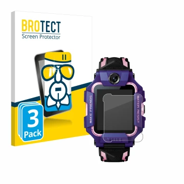 Front side of a product packaging with the brand logo BROTECT. Next to it is the device Imoo Watch Phone Z6 shown with the cor