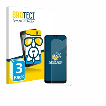 Front side of a product packaging with the brand logo BROTECT. Next to it is the device Samsung Galaxy A02s shown with the cor