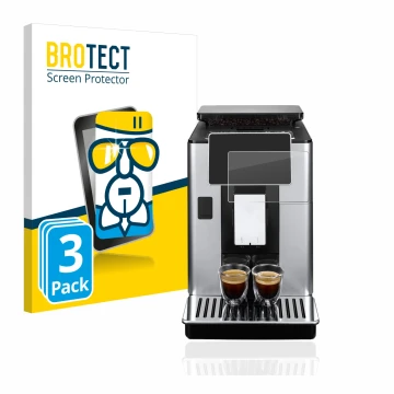 Front side of a product packaging with the brand logo BROTECT. Next to it is the device DeLonghi PrimaDonna Soul ECAM610.75.MB