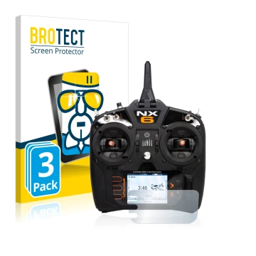 Front side of a product packaging with the brand logo BROTECT. Next to it is the device Spektrum NX6 shown with the correspond