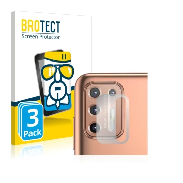 Front side of a product packaging with the brand logo BROTECT. Next to it is the device Motorola Moto G9 Plus (ONLY Camera Len