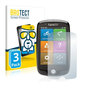 Front side of a product packaging with the brand logo BROTECT. Next to it is the device Mio Cyclo 210 shown with the correspon