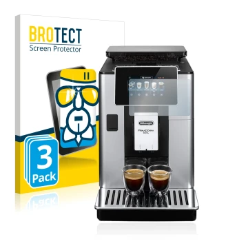 Front side of a product packaging with the brand logo BROTECT. Next to it is the device DeLonghi PrimaDonna Soul ECAM610.55.SB