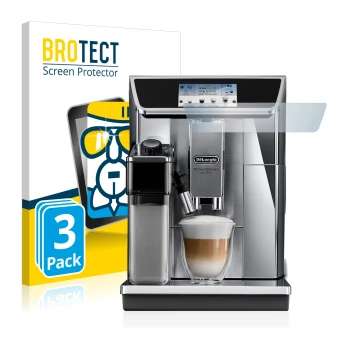 Front side of a product packaging with the brand logo BROTECT. Next to it is the device DeLonghi PrimaDonna Elite Experience E