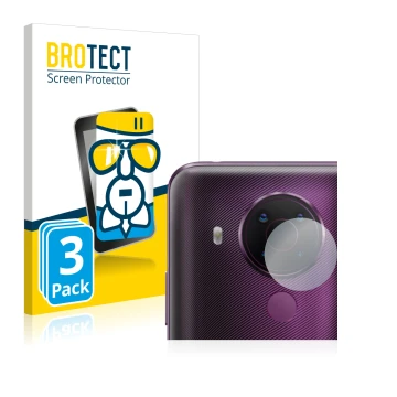 Front side of a product packaging with the brand logo BROTECT. Next to it is the device Nokia 5.4 (ONLY Camera Lens) shown wit