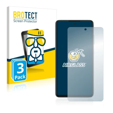 Front side of a product packaging with the brand logo BROTECT. Next to it is the device Samsung Galaxy A52 shown with the corr