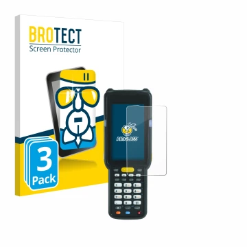 Front side of a product packaging with the brand logo BROTECT. Next to it is the device Zebra MC3300X shown with the correspon