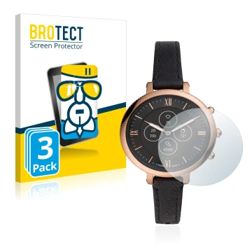 Front side of a product packaging with the brand logo BROTECT. Next to it is the device Fossil Monroe Hybrid HR shown with the