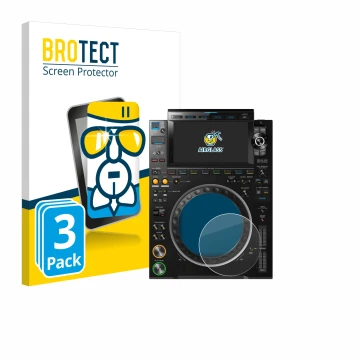 Front side of a product packaging with the brand logo BROTECT. Next to it is the device Pioneer CDJ 3000 (circle) shown with t