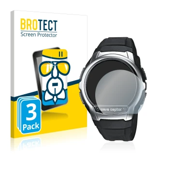Front side of a product packaging with the brand logo BROTECT. Next to it is the device Casio Wave Ceptor WV-58 shown with the