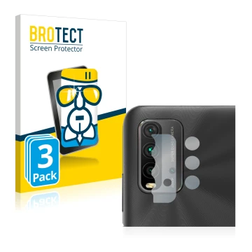 Front side of a product packaging with the brand logo BROTECT. Next to it is the device Xiaomi Redmi 9T (ONLY Camera Lens) sho