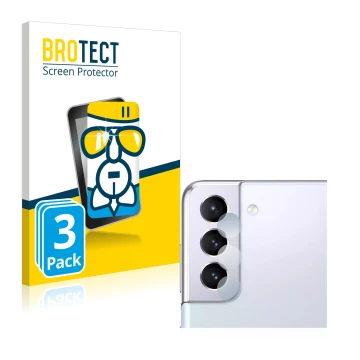 Front side of a product packaging with the brand logo BROTECT. Next to it is the device Samsung Galaxy S21 5G (ONLY Camera Len