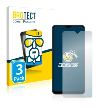 Front side of a product packaging with the brand logo BROTECT. Next to it is the device Blackview A80 Plus shown with the corr