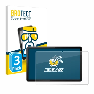Front side of a product packaging with the brand logo BROTECT. Next to it is the device Lenovo Tab P11 (Landscape) shown with 