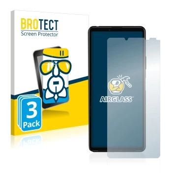 Front side of a product packaging with the brand logo BROTECT. Next to it is the device Sony Xperia 10 III shown with the corr