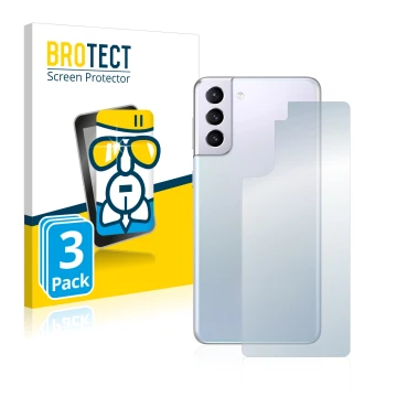 Front side of a product packaging with the brand logo BROTECT. Next to it is the device Samsung Galaxy S21 (Back) shown with t