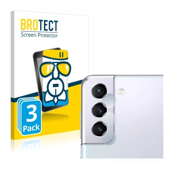 Front side of a product packaging with the brand logo BROTECT. Next to it is the device Samsung Galaxy S21 (ONLY Camera Lens) 