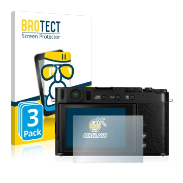Front side of a product packaging with the brand logo BROTECT. Next to it is the device Fujifilm X-E4 shown with the correspon