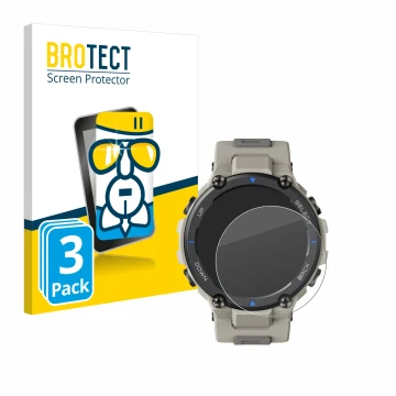 Front side of a product packaging with the brand logo BROTECT. Next to it is the device Huami Amazfit T-Rex Pro shown with the