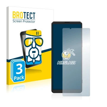 Front side of a product packaging with the brand logo BROTECT. Next to it is the device Sony Xperia 1 III shown with the corre