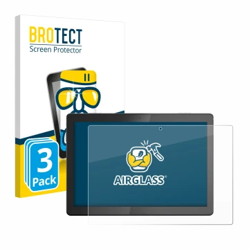 Front side of a product packaging with the brand logo BROTECT. Next to it is the device Lenovo Tab M10 TB-X505F shown with the