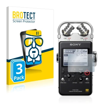 Front side of a product packaging with the brand logo BROTECT. Next to it is the device Sony PCM D100 shown with the correspon