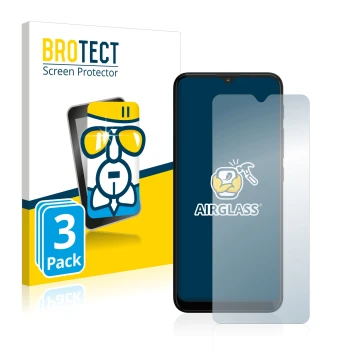 Front side of a product packaging with the brand logo BROTECT. Next to it is the device Motorola Moto G10 shown with the corre