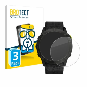 Front side of a product packaging with the brand logo BROTECT. Next to it is the device Garmin Enduro shown with the correspon
