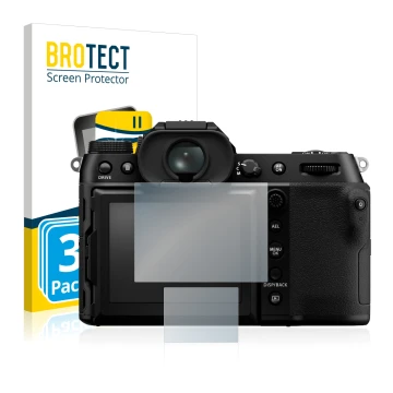 Front side of a product packaging with the brand logo BROTECT. Next to it is the device Fujifilm GFX100S shown with the corres