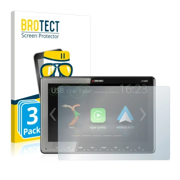 Front side of a product packaging with the brand logo BROTECT. Next to it is the device Zenec Z-N965 shown with the correspond