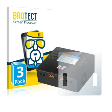 Front side of a product packaging with the brand logo BROTECT. Next to it is the device ISDT Smart Duo Charger K2 shown with t