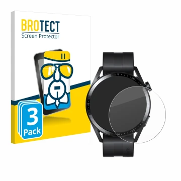 Front side of a product packaging with the brand logo BROTECT. Next to it is the device Huawei Watch GT 3 (46 mm) shown with t