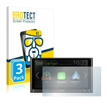 Front side of a product packaging with the brand logo BROTECT. Next to it is the device Zenec Z-N528 shown with the correspond
