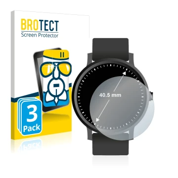 Front side of a product packaging with the brand logo BROTECT. Next to it is the device Watches (Circular, ø: 40.5 mm) shown w
