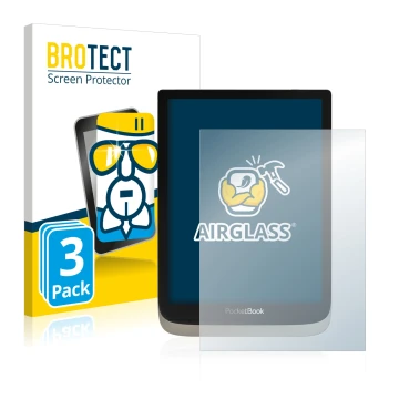 Front side of a product packaging with the brand logo BROTECT. Next to it is the device PocketBook InkPad Color shown with the