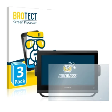Front side of a product packaging with the brand logo BROTECT. Next to it is the device Garmin GPSMAP 923 shown with the corre
