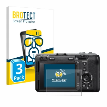 Front side of a product packaging with the brand logo BROTECT. Next to it is the device Sony FX3 shown with the corresponding 