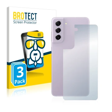 Front side of a product packaging with the brand logo BROTECT. Next to it is the device Samsung Galaxy S21 FE 5G (Back) shown 