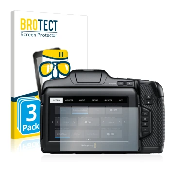 Front side of a product packaging with the brand logo BROTECT. Next to it is the device Blackmagic Pocket Cinema Camera 6K Pro