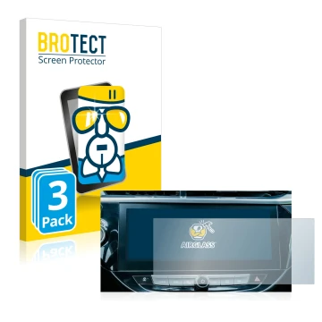 Front side of a product packaging with the brand logo BROTECT. Next to it is the device Opel Corsa-e 2020 Infotainment System 