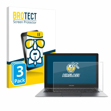 Front side of a product packaging with the brand logo BROTECT. Next to it is the device Chuwi HeroBook Pro Plus shown with the