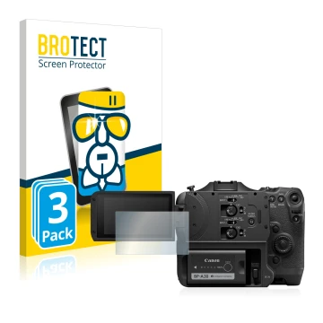 Front side of a product packaging with the brand logo BROTECT. Next to it is the device Canon EOS C70 shown with the correspon