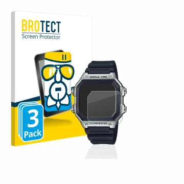 Front side of a product packaging with the brand logo BROTECT. Next to it is the device Casio AE-1200WH shown with the corresp