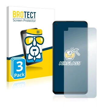 Front side of a product packaging with the brand logo BROTECT. Next to it is the device realme 8 shown with the corresponding 