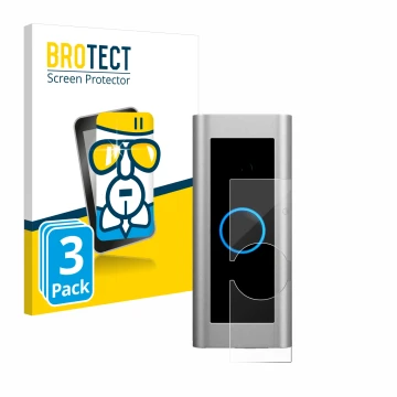 Front side of a product packaging with the brand logo BROTECT. Next to it is the device Ring Video Doorbell Pro 2 shown with t