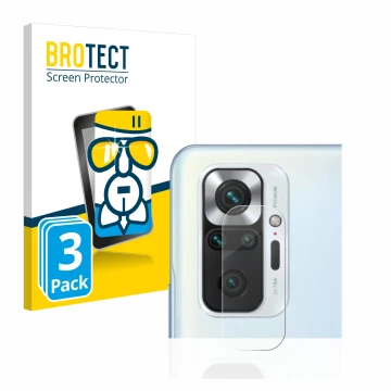 Front side of a product packaging with the brand logo BROTECT. Next to it is the device Xiaomi Redmi Note 10 Pro (ONLY Camera 