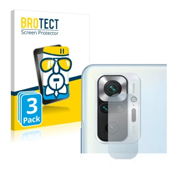 Front side of a product packaging with the brand logo BROTECT. Next to it is the device Xiaomi Redmi Note 10S (ONLY Camera Len