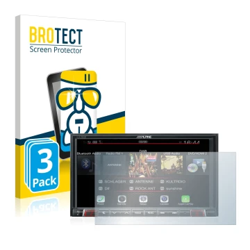 Front side of a product packaging with the brand logo BROTECT. Next to it is the device Alpine iLX-702D shown with the corresp